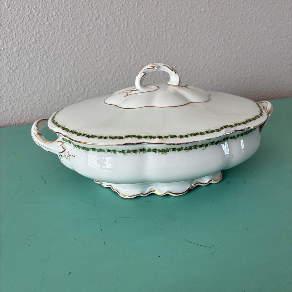 Elegant White and Green Porcelain Tureen by MW Co. Royal Saxony China
